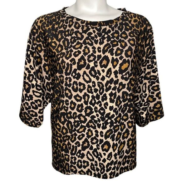 RACHEL ROY Brown Black Leopard Print Split Dolman Sleeve Stretch Top Sz Small - Picture 2 of 9